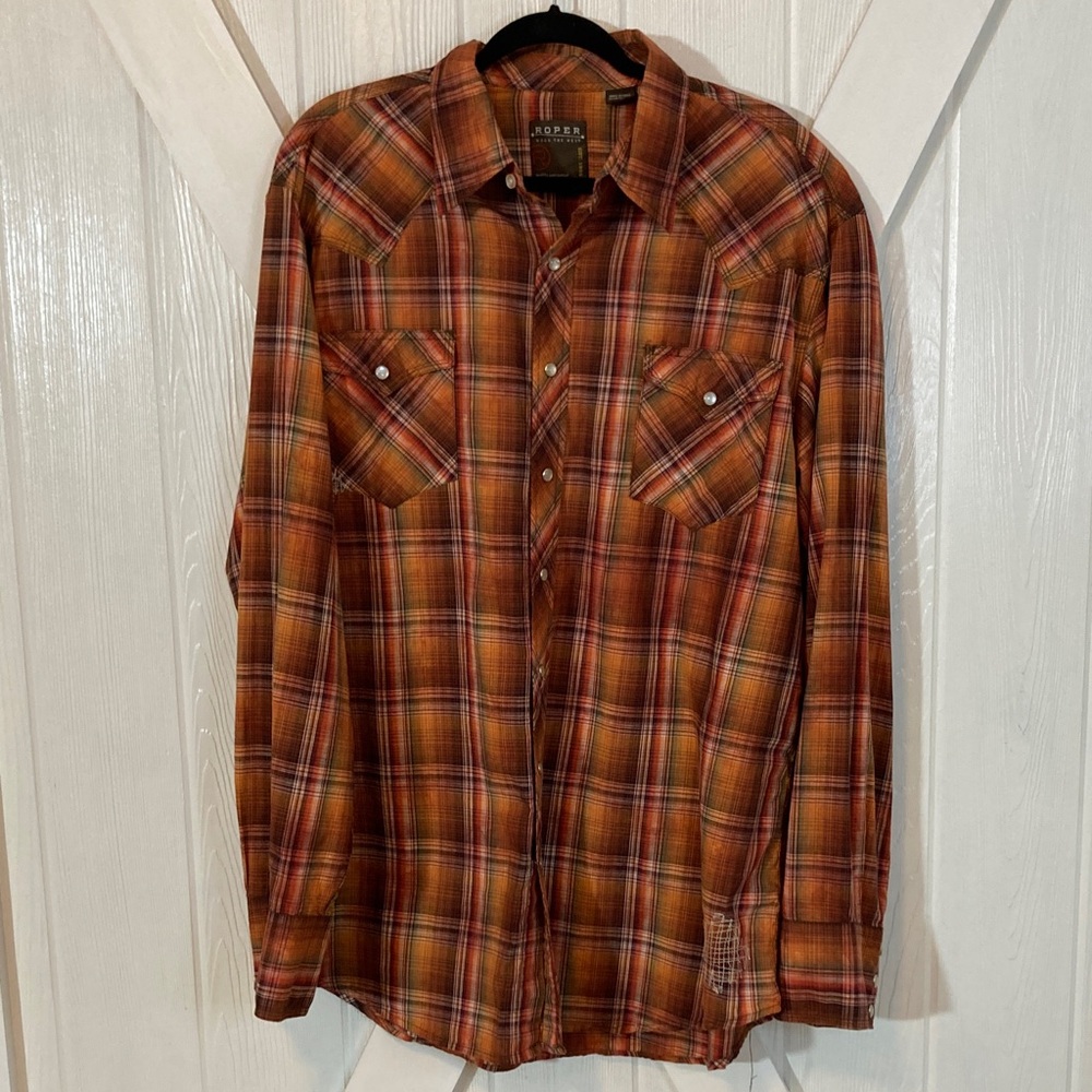 Roper Western Men's Plaid Snap Up Shirt in Brown and Orange